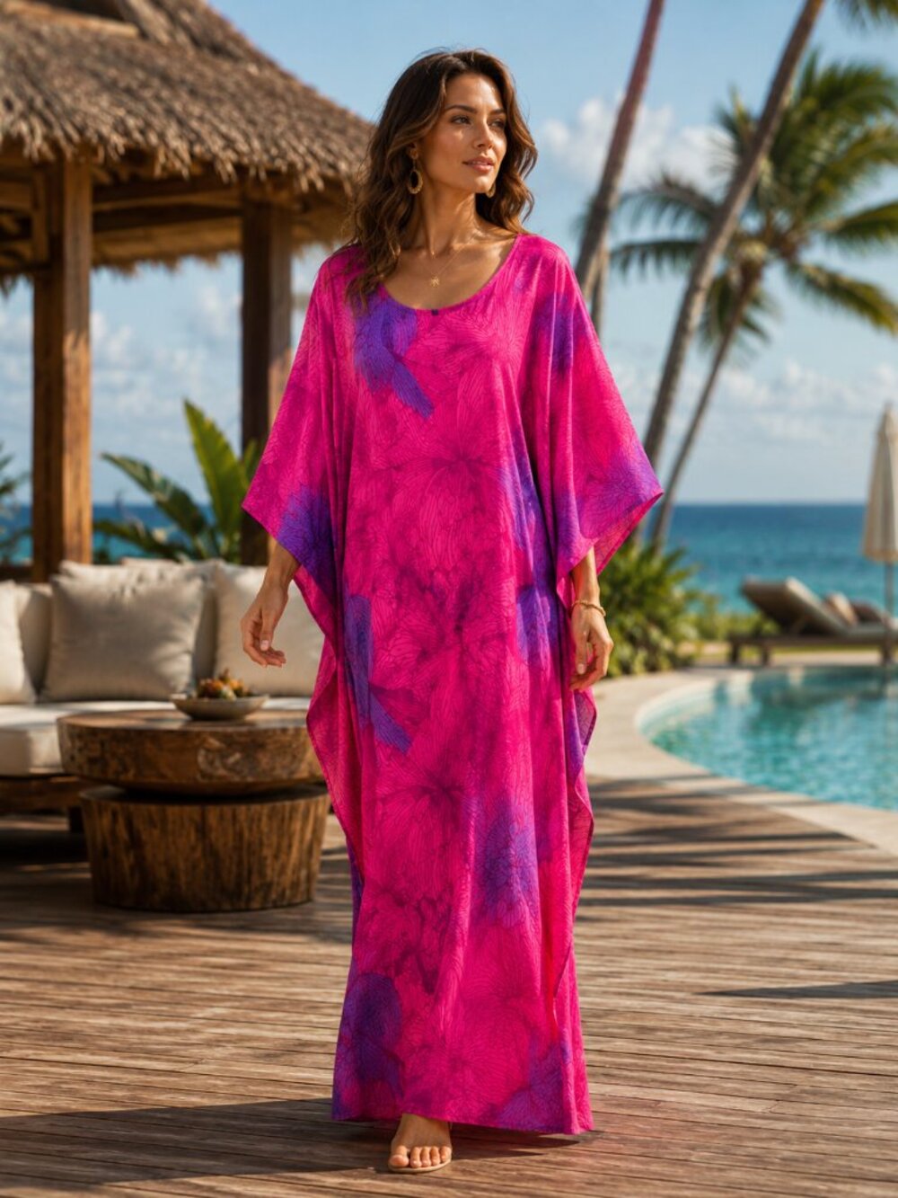 Hilo Hawaii Hawaiian  Made Barkcloth Maxi Caftan Gown Bell Sleeve Small VTG
